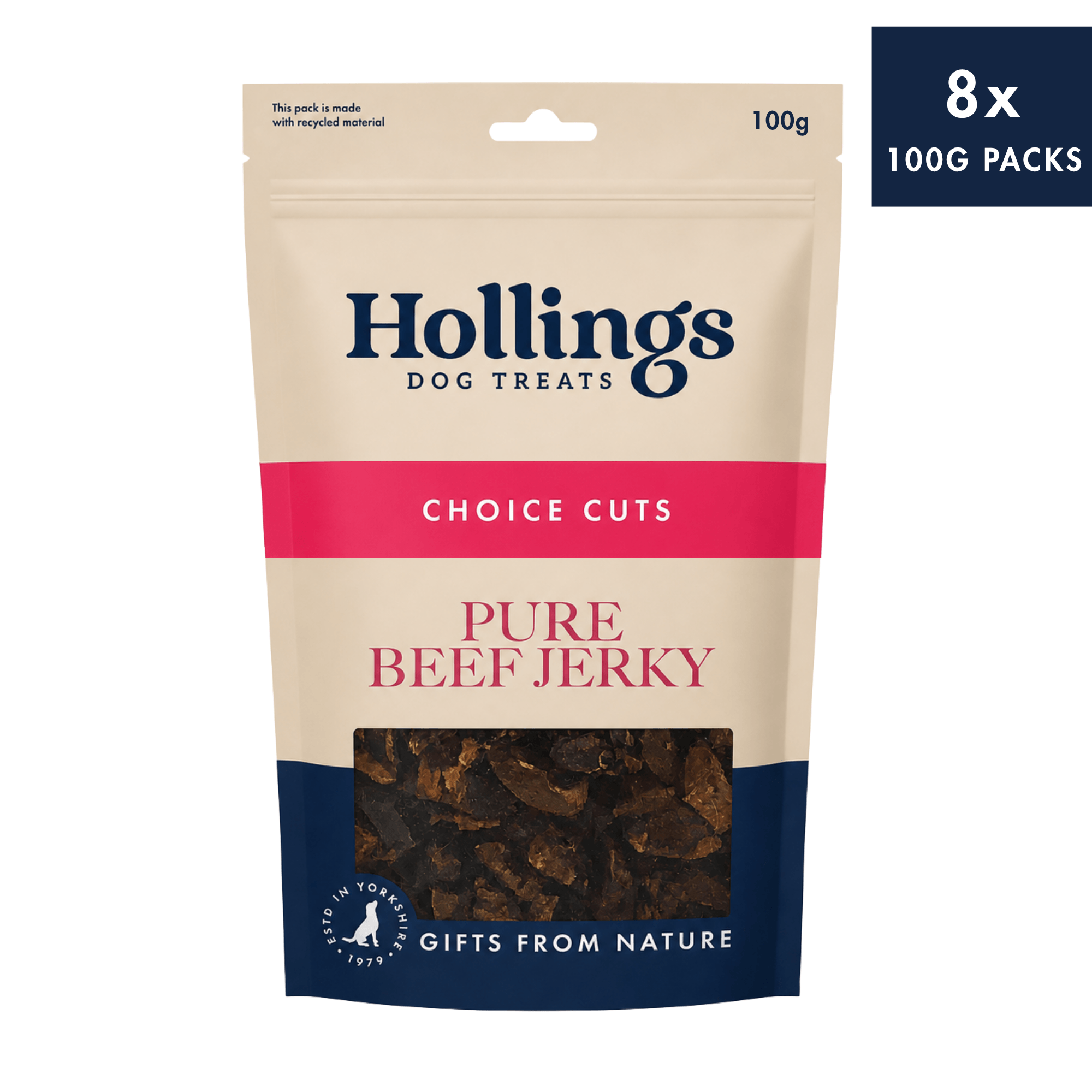 8 x 100g Pouch of Hollings Dog Treats - Choice Cuts - Pure Beef Jerky