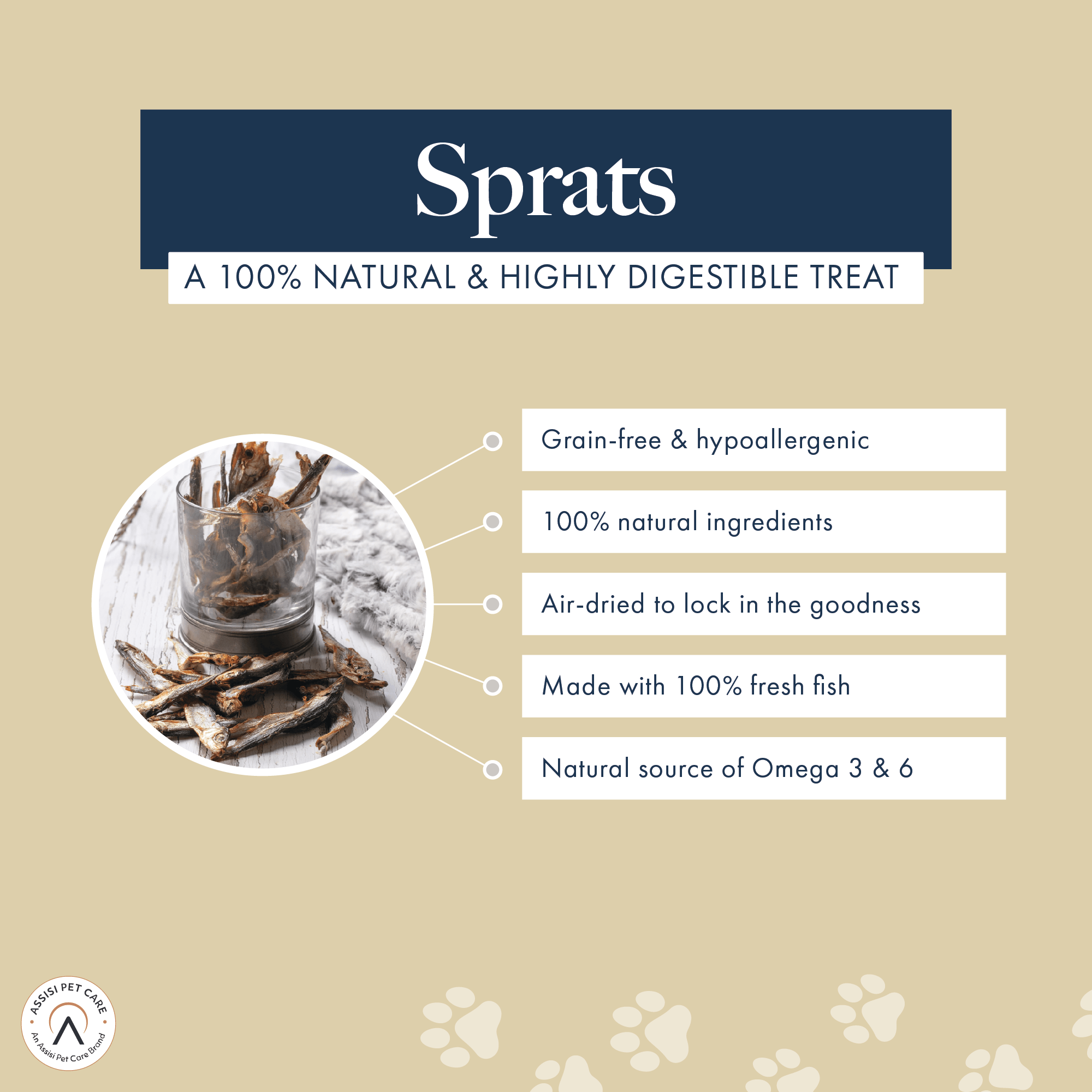 Sprats - A 100% Natural and highly digestible treat. Grain-free and hypoallergenic, 100% natural ingredients, Air-dried to lock in the goodness, Made with 100% fresh fish, Natural source of Omega 3 & 6.