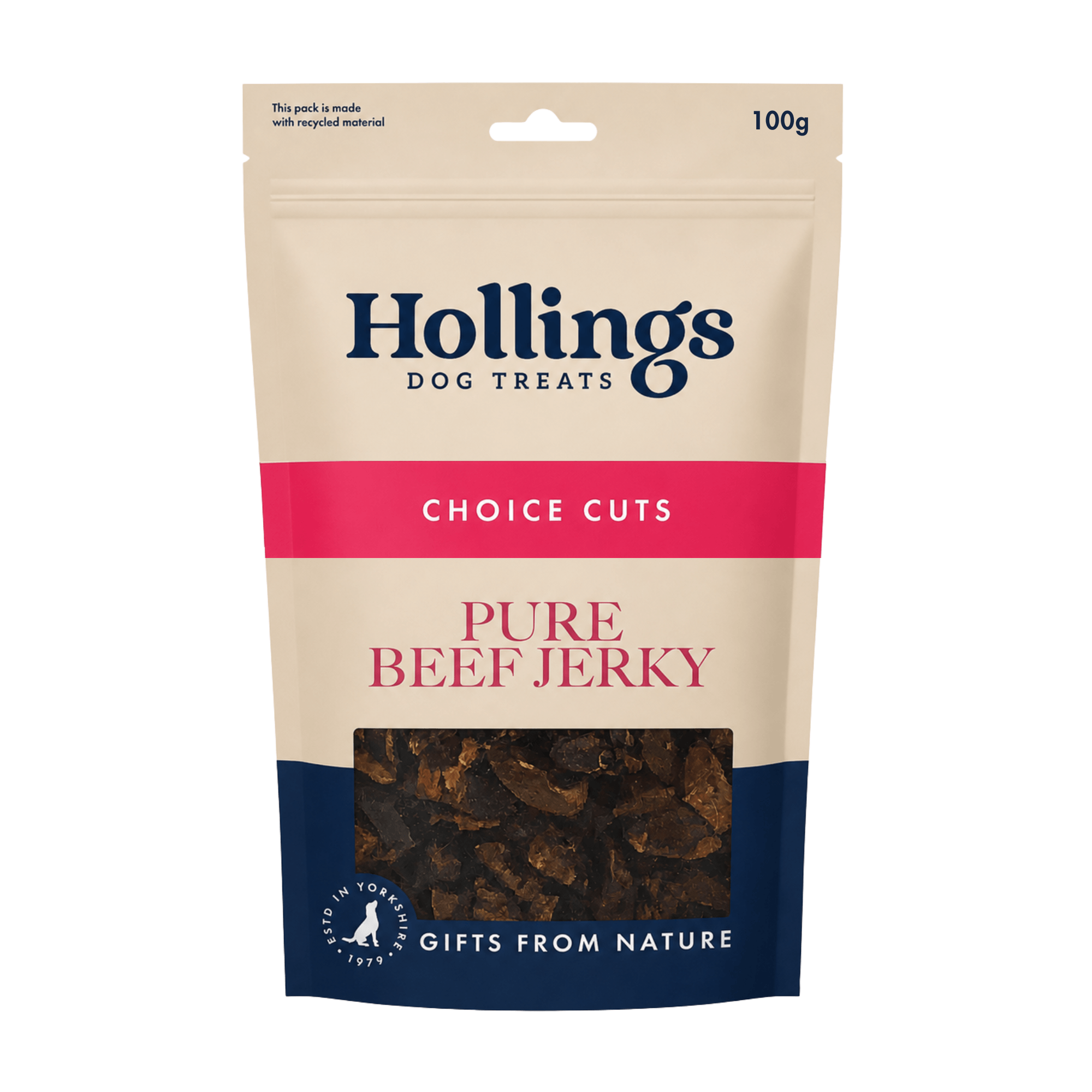 One 100g Pouch of Hollings Dog Treats - Choice Cuts - Pure Beef Jerky